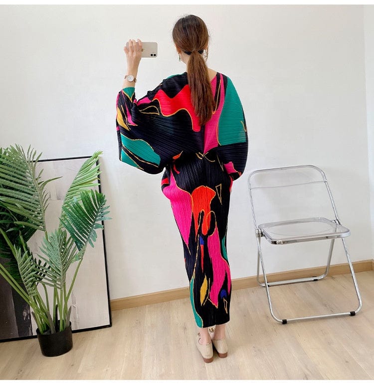 Free / Red OUDINA New V-neck Bat Sleeve Printed Elegant Casual Loose Plus Size Pleated Long Dresses Women