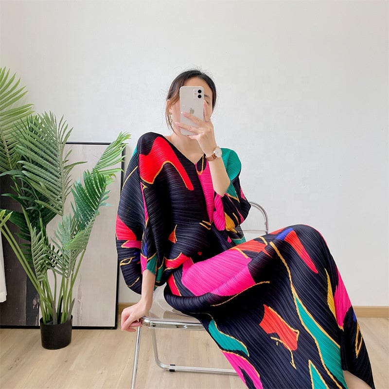 Free / Red OUDINA New V-neck Bat Sleeve Printed Elegant Casual Loose Plus Size Pleated Long Dresses Women