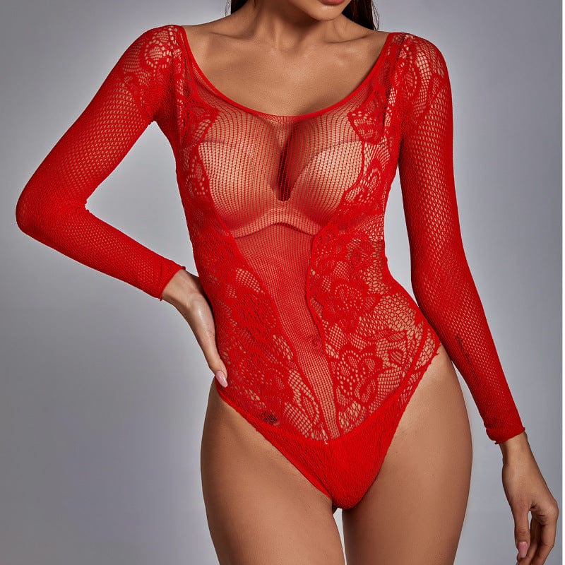 Free / Red Plus Size Sleepwear Women Fishnet Body Stocking Mesh Transparent Sexy Lingerie Mature Woman Red Long Sleeve Bodysuits