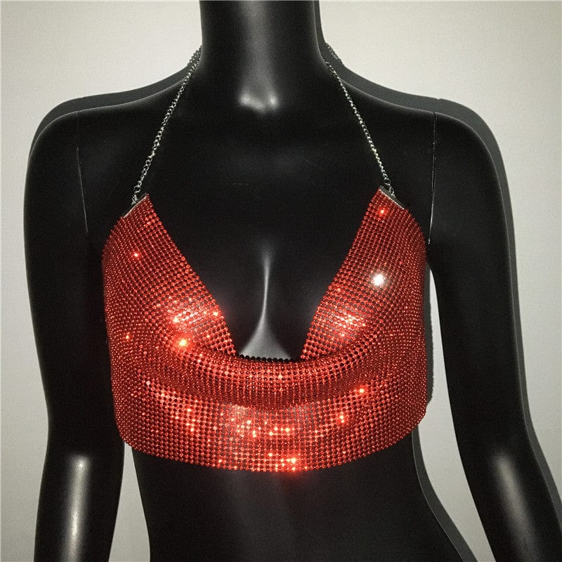 Free / Red SHIHAN Silver Shiny Diamante Tank Top Women Low Neckline Backless Bling Rhinestone Patchwork Crop Top Night Club Chic Lady