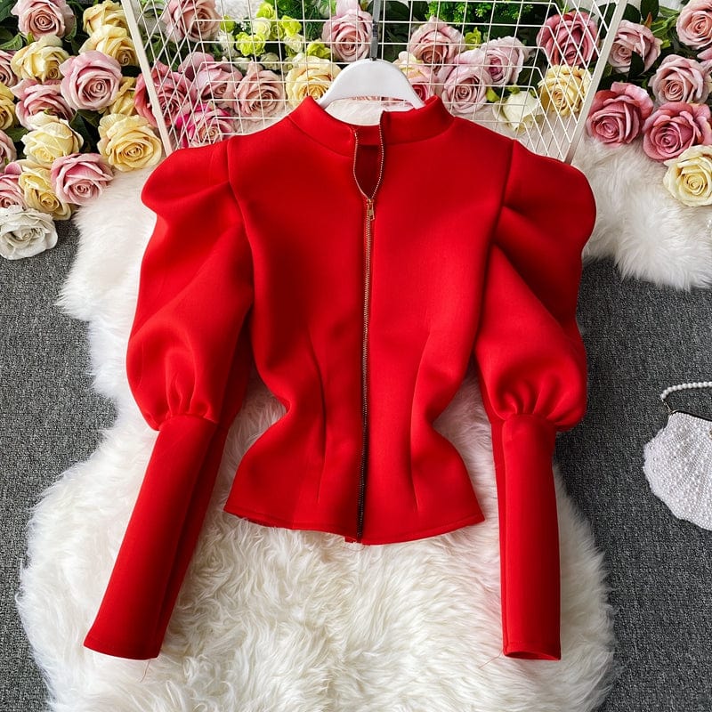 Free / Red Spring Autumn New Temperament Stand-up Collar Shirt Winter Slim Long sleeve Puff Sleeve Top Fashion Shirt Women's