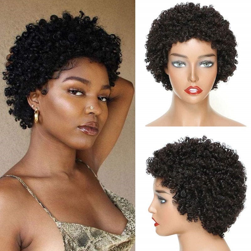 Free Shipping 100% Remy Raw Indian Hair Short Pixie Curly Human Hair Wig Bob Wigs 8 10 Inch Full Machine Made Pixie Wig