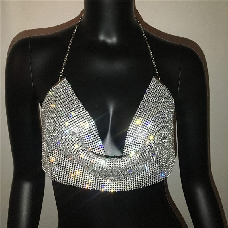 Free / silver SHIHAN Silver Shiny Diamante Tank Top Women Low Neckline Backless Bling Rhinestone Patchwork Crop Top Night Club Chic Lady