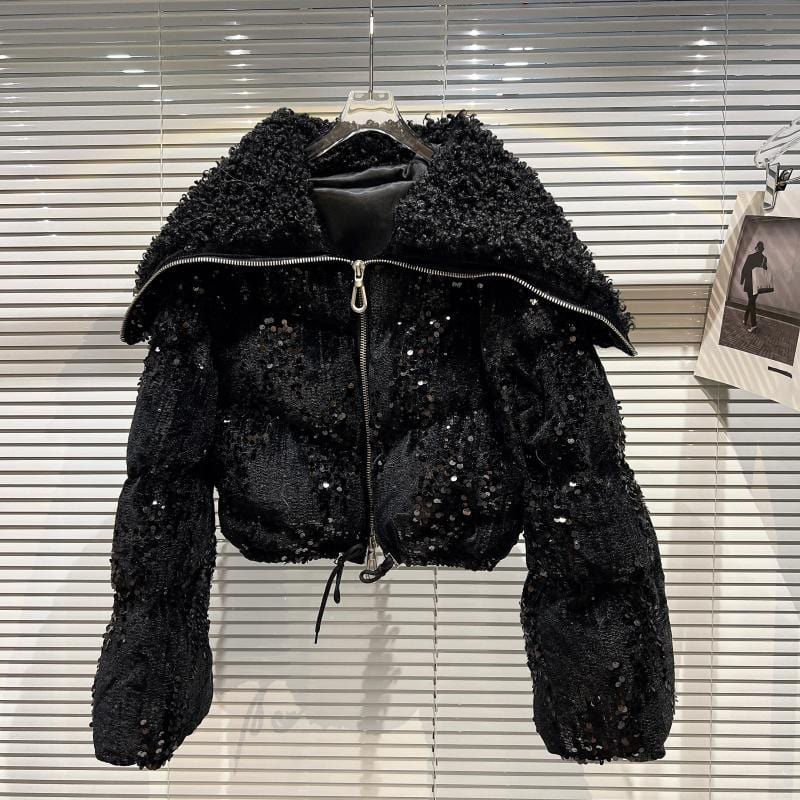 free size / black Hot Selling Fashion Ladies Long Sleeve Skinny Fleece Sequins Velvet Cotton Padded Winter Outwear Coat With Fur