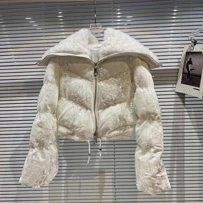 free size / White Hot Selling Fashion Ladies Long Sleeve Skinny Fleece Sequins Velvet Cotton Padded Winter Outwear Coat With Fur