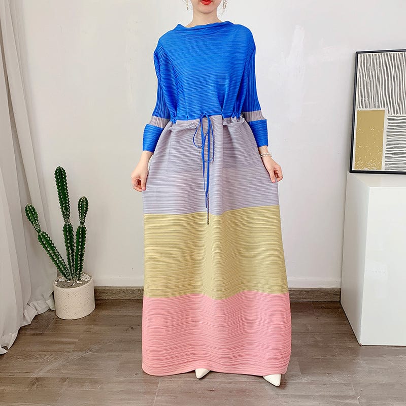 Free / Sky Blue OUDINA New Fashion Pleated Plus Size Oversized Long Sleeve Maxi Dress Women Muslim Casual Women's Dresses