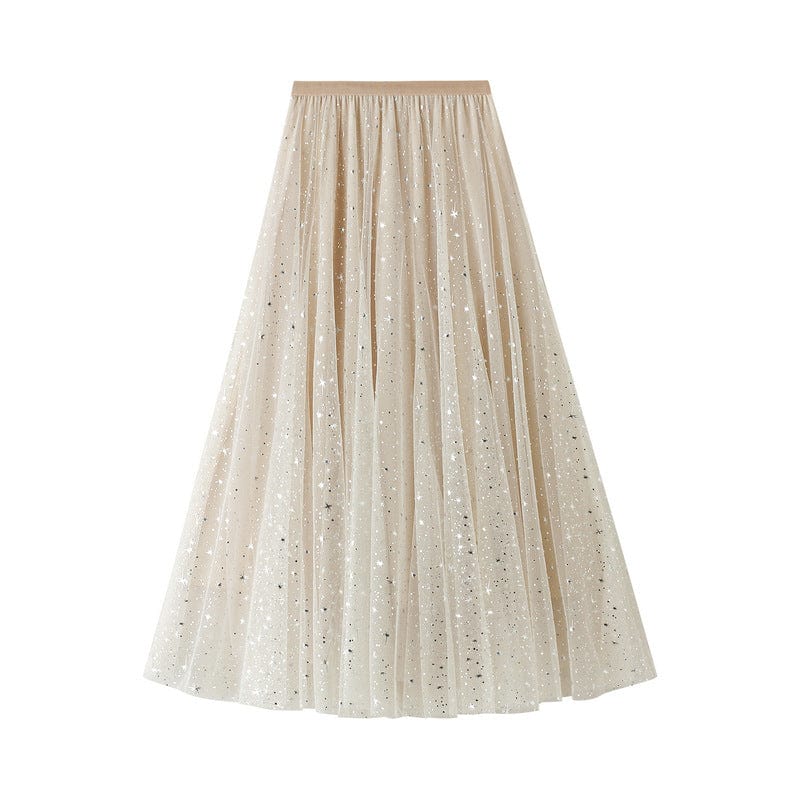 Free / White Female 2022 Starry Sky Sparkling Mesh Tulle Long Skirt VD1693 Korean Style High Waist Black Grey Women Skirt faldas