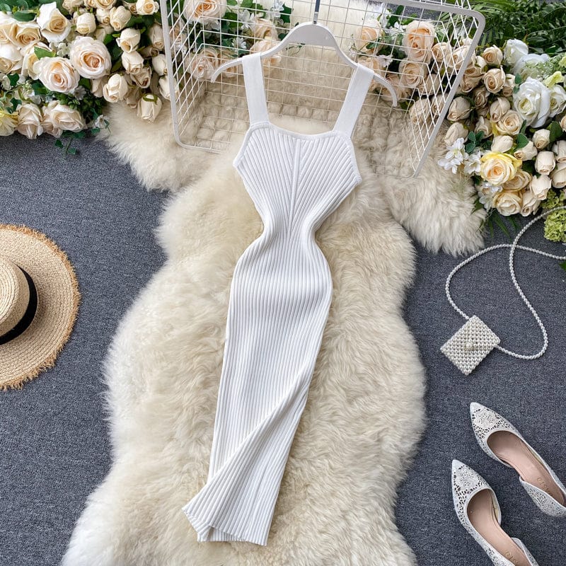 Free / White Knitted dress women's summer dress 2023 new style square neck suspender skirt sexy temperament bottom skirt