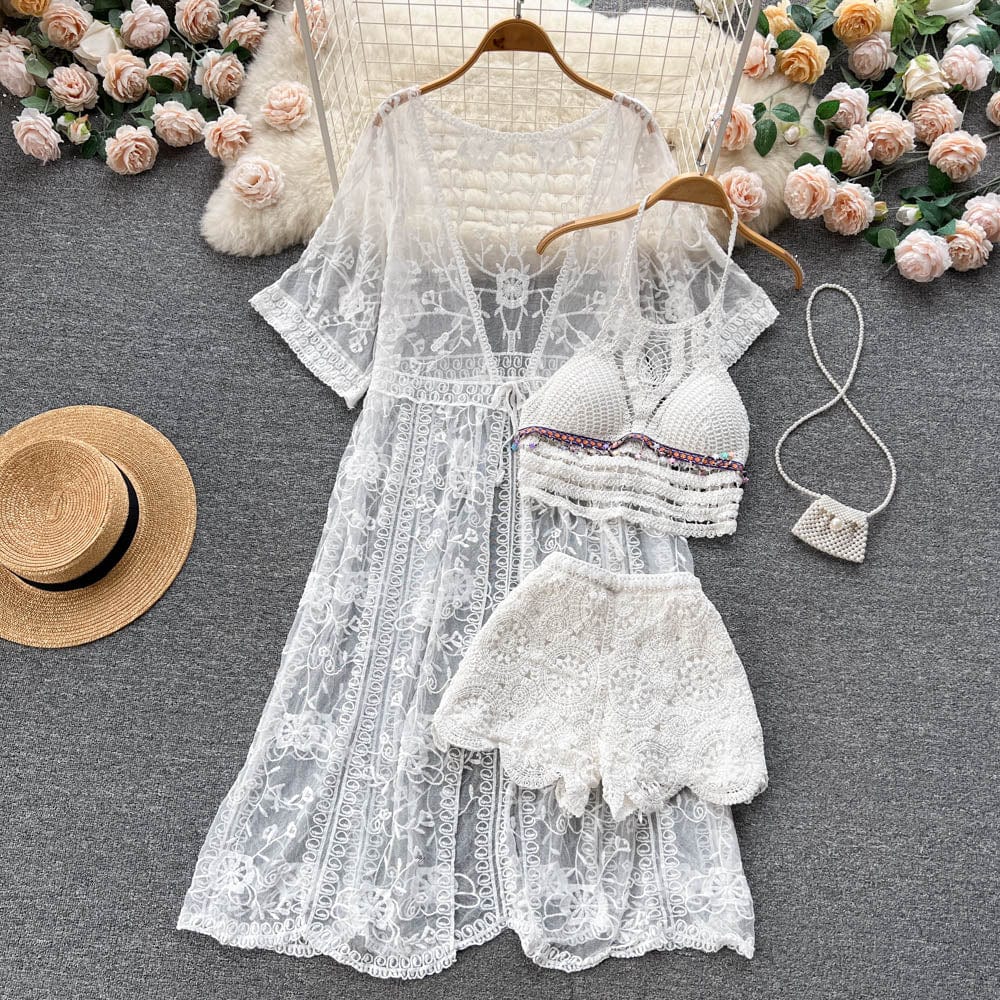 Free / White New Arrival Factory Knee Length Lace Fabric Sun Protect Cover Ups For Women