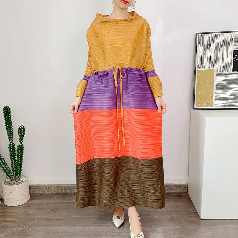 Free / Yellow OUDINA New Fashion Pleated Plus Size Oversized Long Sleeve Maxi Dress Women Muslim Casual Women's Dresses