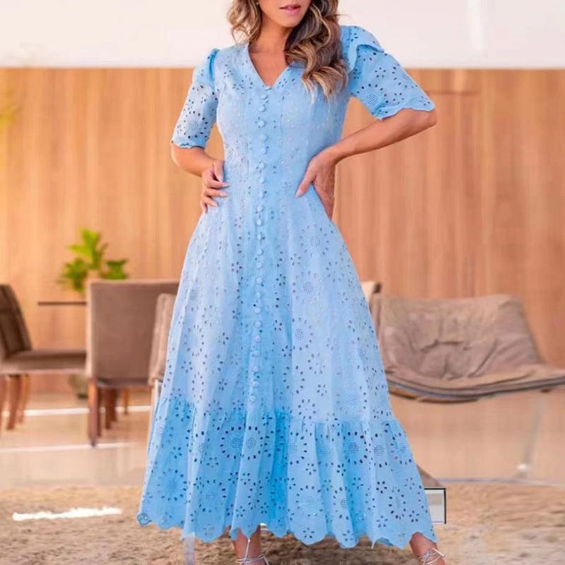 Fresh And Sweet Style Solid Dress 2022 Autumn New V-neck Ruffled Sleeves Embroidered Hollowed-out Large-swing Long Dress