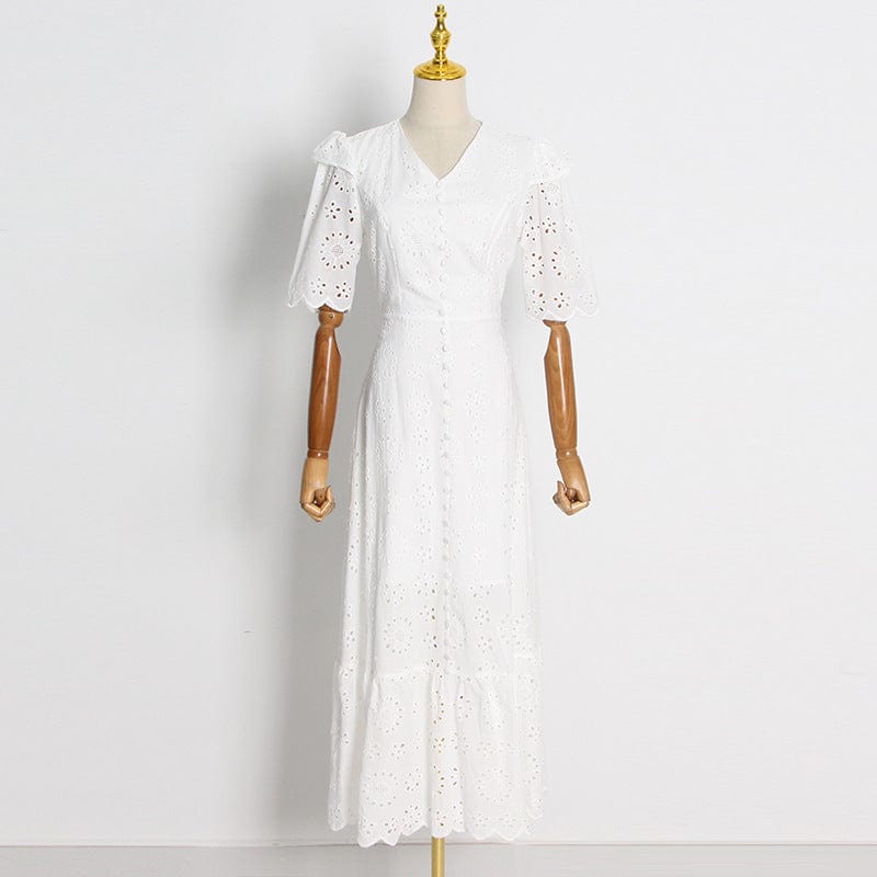 Fresh And Sweet Style Solid Dress 2022 Autumn New V-neck Ruffled Sleeves Embroidered Hollowed-out Large-swing Long Dress