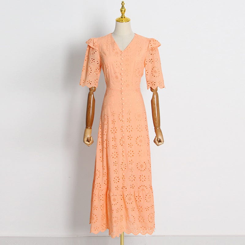 Fresh And Sweet Style Solid Dress 2022 Autumn New V-neck Ruffled Sleeves Embroidered Hollowed-out Large-swing Long Dress