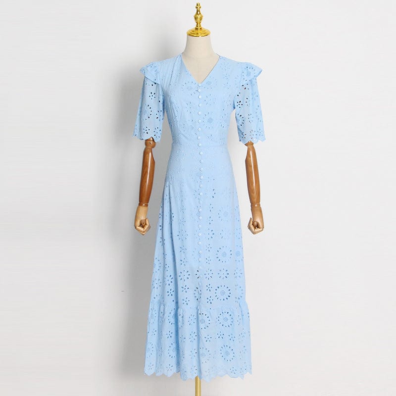 Fresh And Sweet Style Solid Dress 2022 Autumn New V-neck Ruffled Sleeves Embroidered Hollowed-out Large-swing Long Dress