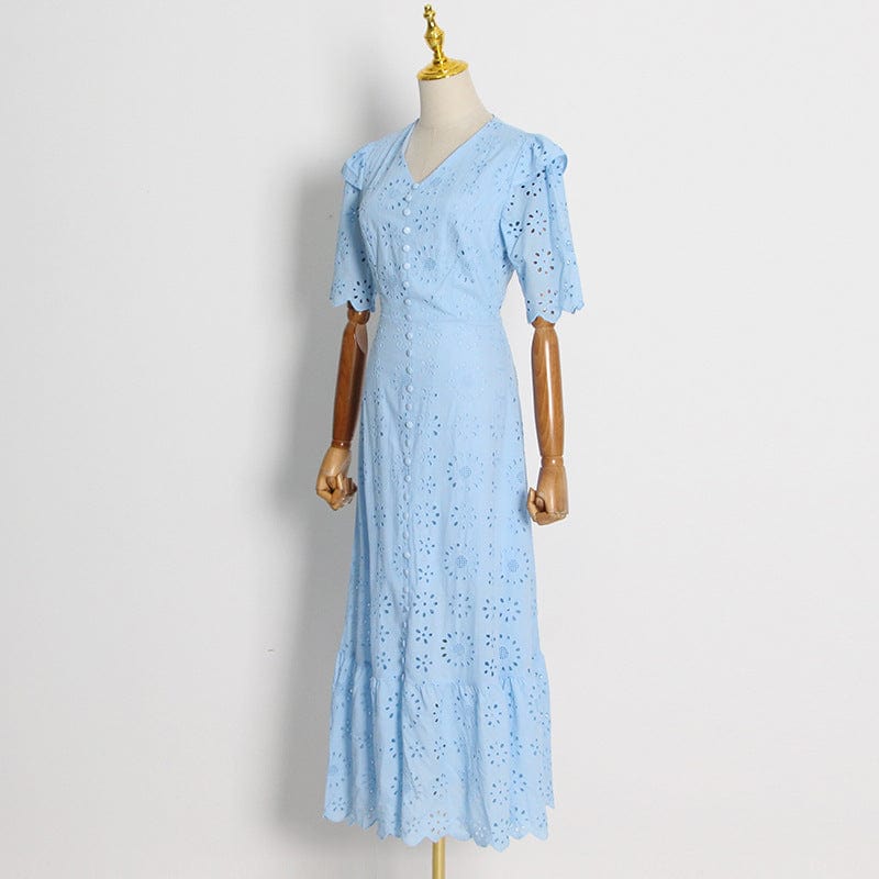 Fresh And Sweet Style Solid Dress 2022 Autumn New V-neck Ruffled Sleeves Embroidered Hollowed-out Large-swing Long Dress