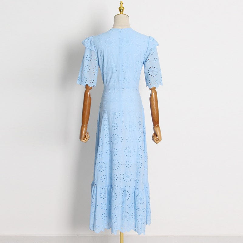 Fresh And Sweet Style Solid Dress 2022 Autumn New V-neck Ruffled Sleeves Embroidered Hollowed-out Large-swing Long Dress