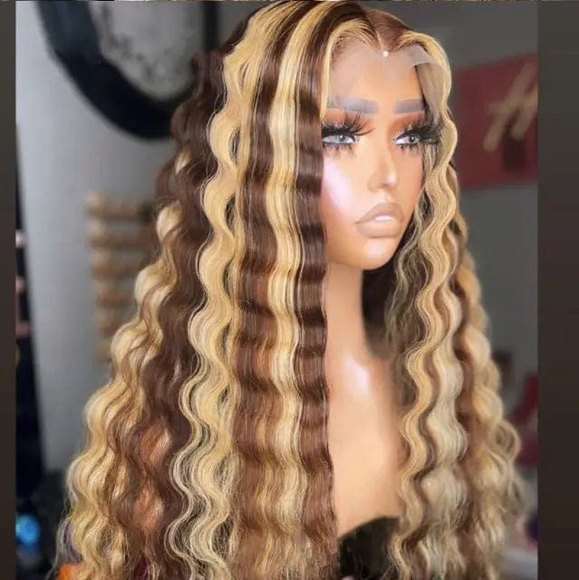 Full Virgin Hair Blonde Honey Brown Highlight French Wave Wig Pre Plucked Bleached Knots Cuticle Aligned Wigs