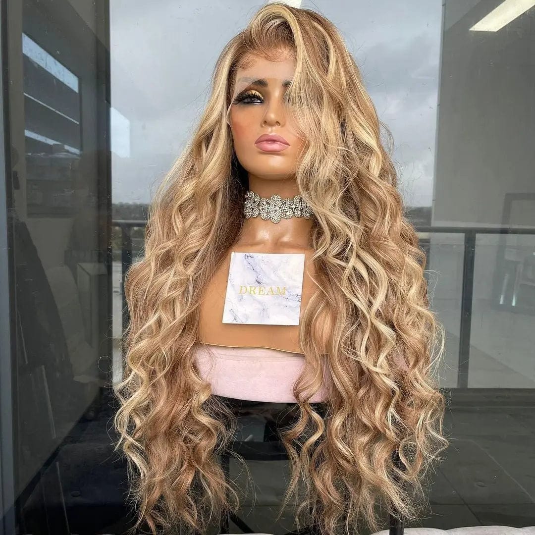 Full Virgin Hair Blonde Honey Brown Highlight French Wave Wig Pre Plucked Bleached Knots Cuticle Aligned Wigs