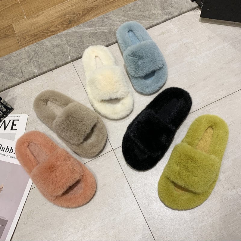 Fuzzy Comfortable slides furry slippers Spa House Slippers for ladies, Cozy Thongs Slip On Flip Flops Women Faux Fur Slipper