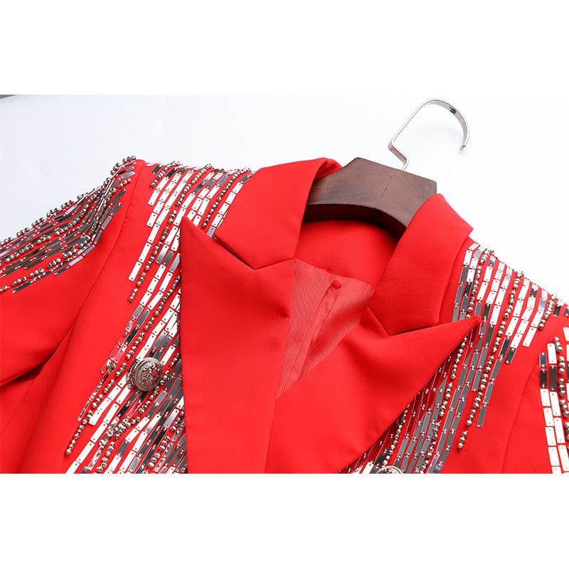 GetSpring Women Blazer Double Breasted Full Sleeve tuxedo Red Coat Sequin Nail Bead Women&#39;s Slim Suit Jacket Autumn 2022