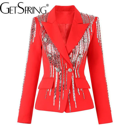 GetSpring Women Blazer Double Breasted Full Sleeve tuxedo Red Coat Sequin Nail Bead Women&#39;s Slim Suit Jacket Autumn 2022