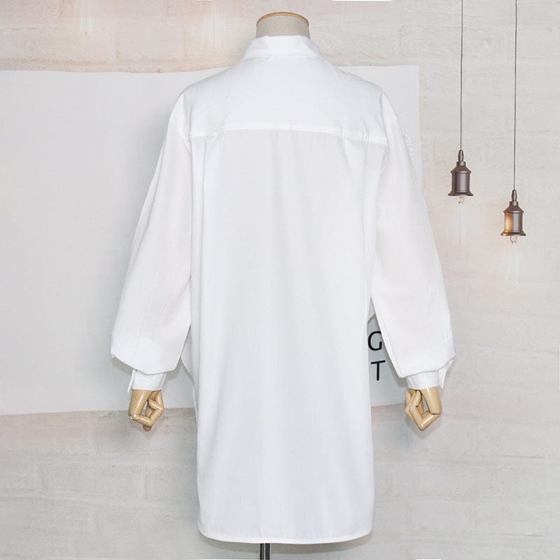 GetSpring Women Blouse Cotton White Shirt Irregular Pleated Shirts Long Sleeve Loose Ladies Tops Fashion Long Shirt Spring