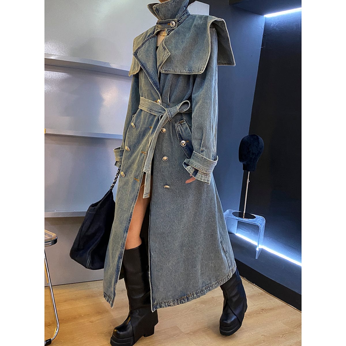 GetSpring Women Denim Coat 2022 Autumn Winter Temperament Double Breasted Lace Up Loose Long Jean Trench Coat All Match Fashion