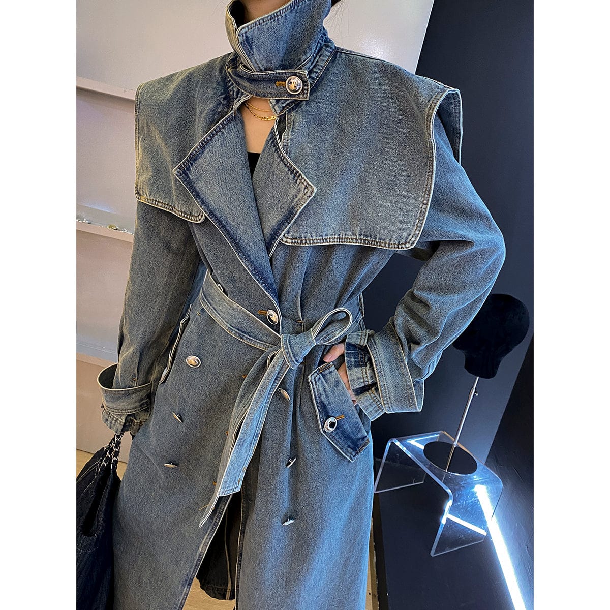 GetSpring Women Denim Coat 2022 Autumn Winter Temperament Double Breasted Lace Up Loose Long Jean Trench Coat All Match Fashion