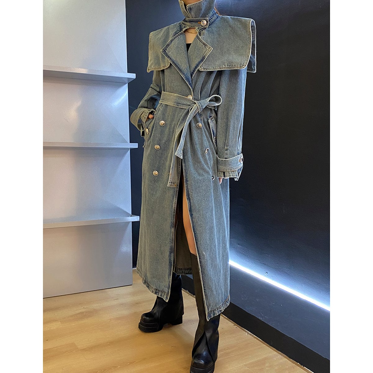 GetSpring Women Denim Coat 2022 Autumn Winter Temperament Double Breasted Lace Up Loose Long Jean Trench Coat All Match Fashion