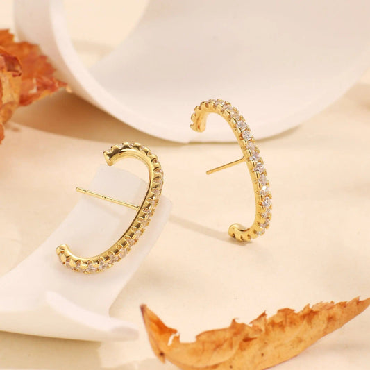 Gold-CYE0101 Niche design brass gold-plated earrings light luxury high-end C-shaped single row full of diamond earrings