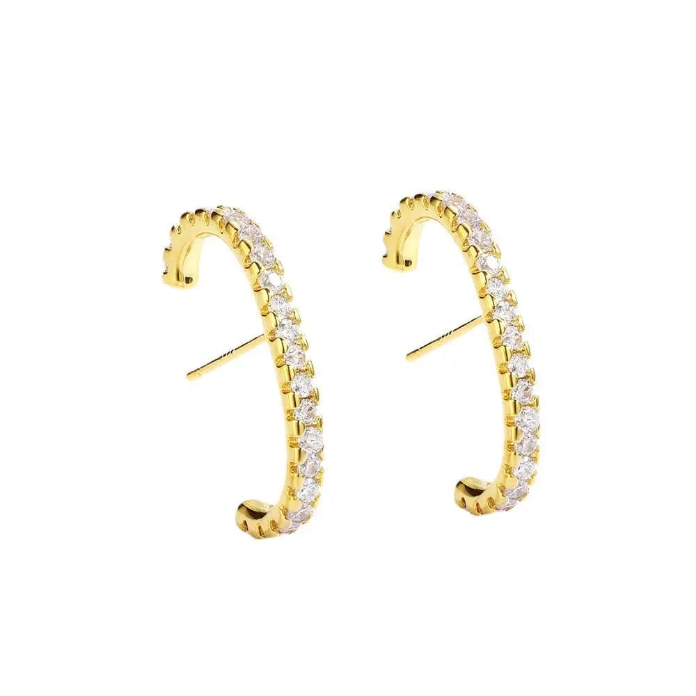 Gold-CYE0101 Niche design brass gold-plated earrings light luxury high-end C-shaped single row full of diamond earrings