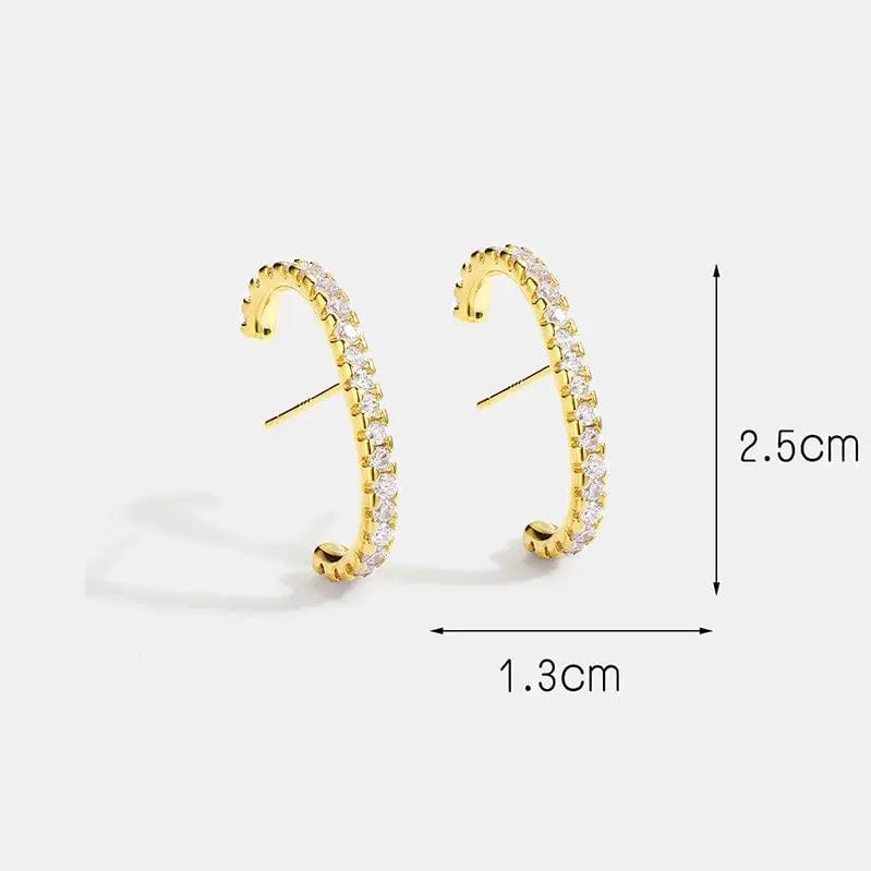 Gold-CYE0101 Niche design brass gold-plated earrings light luxury high-end C-shaped single row full of diamond earrings