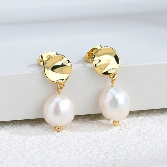 Gold-CYE0245 Retro Simple Brass Gold Plated Natural Baroque Freshwater Pearl Gold Stud Earrings for Women