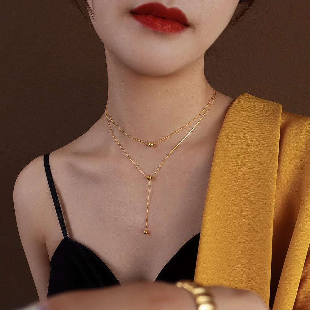 Gold double-layer necklace New Simple and Stylish Double Layer 18K Gold Plated Transfer Bead Titanium Steel Necklace Female Temperament Wild Clavicle Chain