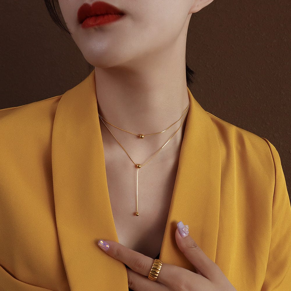 Gold double-layer necklace New Simple and Stylish Double Layer 18K Gold Plated Transfer Bead Titanium Steel Necklace Female Temperament Wild Clavicle Chain