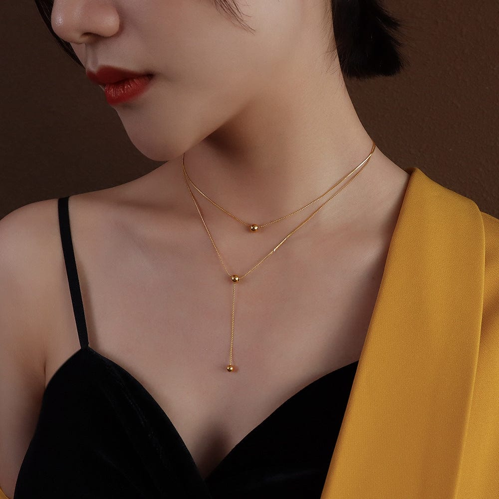 Gold double-layer necklace New Simple and Stylish Double Layer 18K Gold Plated Transfer Bead Titanium Steel Necklace Female Temperament Wild Clavicle Chain