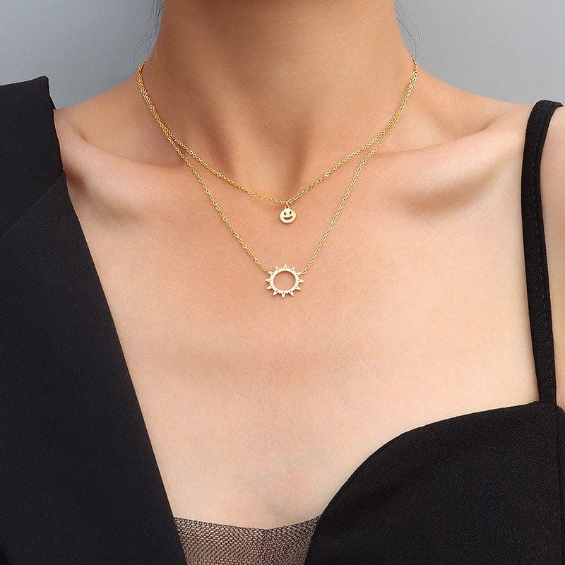 Gold double-layer necklace Stainless Steel Smiley Sunflower Double Layer Necklace For Women Gold Metal Smile Sun Double Layer Set Choker High Quality