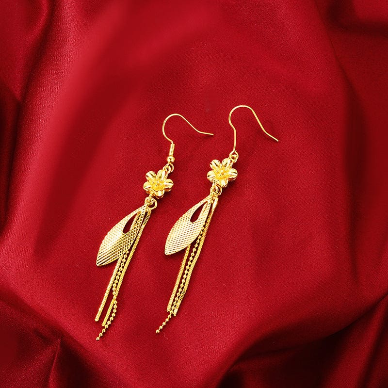 Gold Fashion 14K Gold Earring Elegant Long Tassel Earrings for Women Wedding Engagement Jewelry Exquisite Leaf Shape Earrings Female