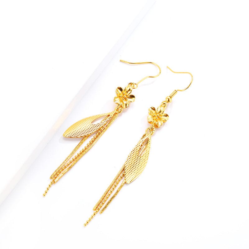 Gold Fashion 14K Gold Earring Elegant Long Tassel Earrings for Women Wedding Engagement Jewelry Exquisite Leaf Shape Earrings Female