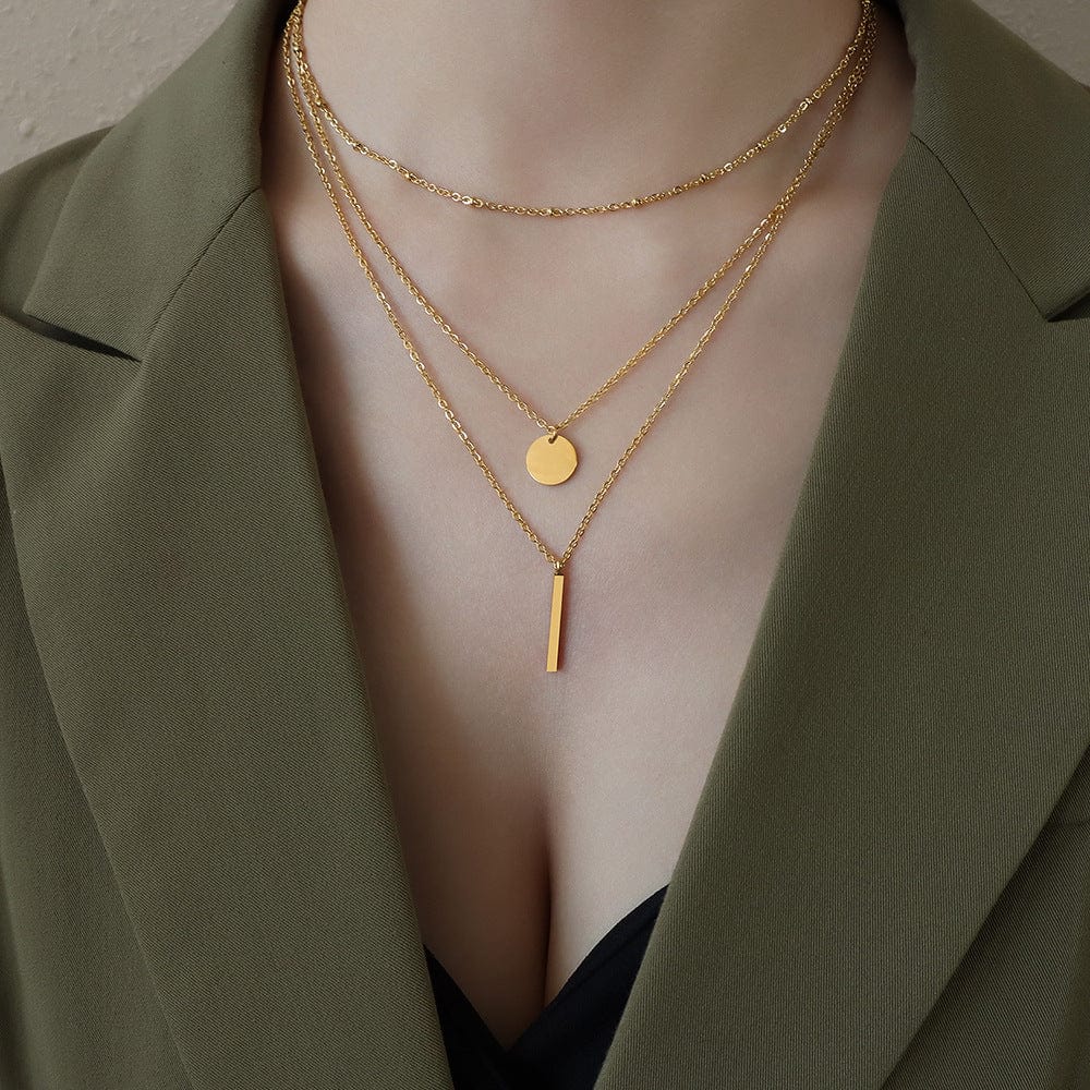 Gold geometric three-layer necklace New Three Layer Geometric Round Piece Long Pendant Necklace Fashion Chain Female Simple Temperament