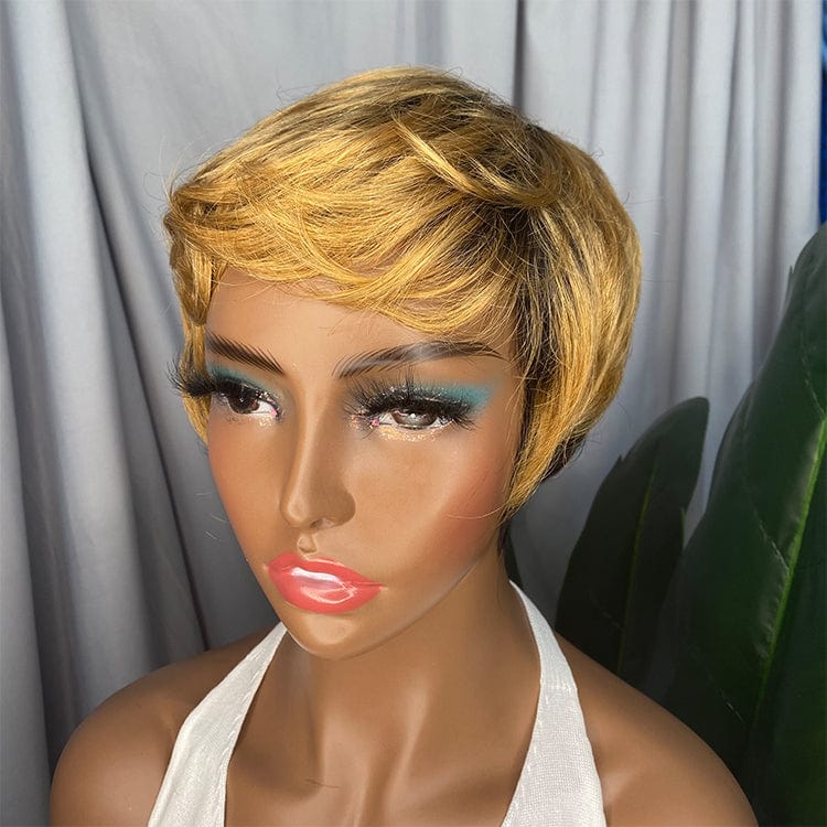 Gold Indian Brazilian Cheap Virgin Human Hair With Black Women Short Curly Lace Front Wig Pixie Cut Wavy