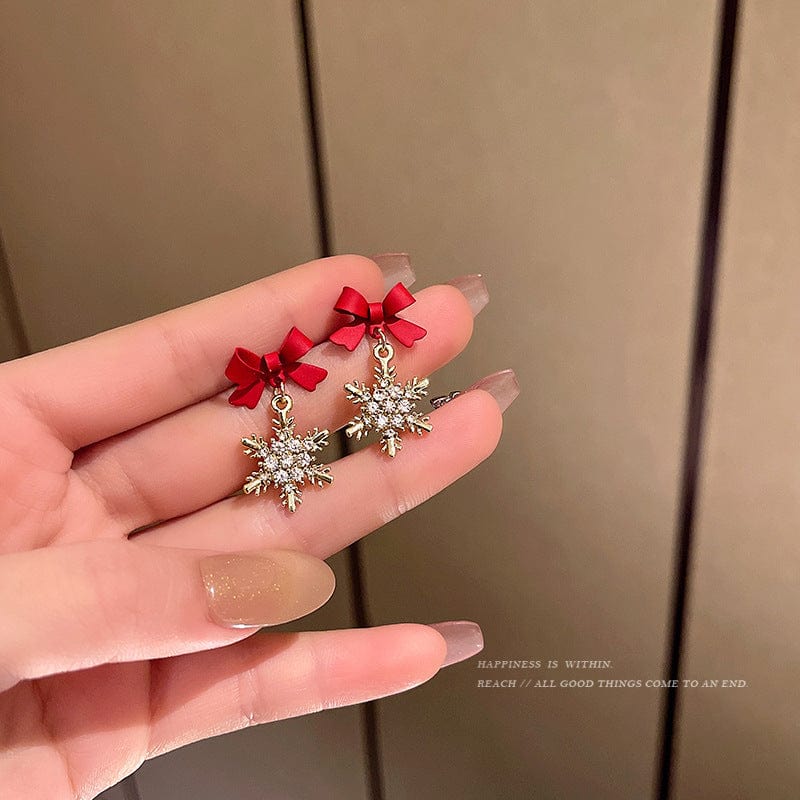 Gold Micro Pave Zirconia Bow Snowflake Earrings For Women Korean Style Delicate Simple Red Black Pendientes Jewelry Wholesale