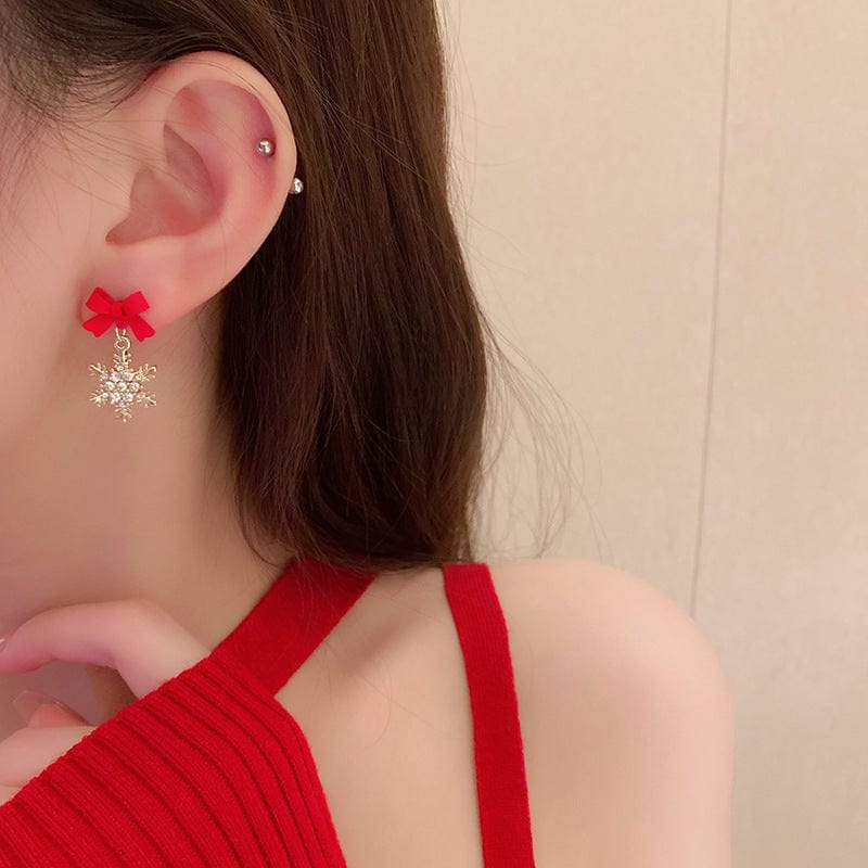 Gold Micro Pave Zirconia Bow Snowflake Earrings For Women Korean Style Delicate Simple Red Black Pendientes Jewelry Wholesale