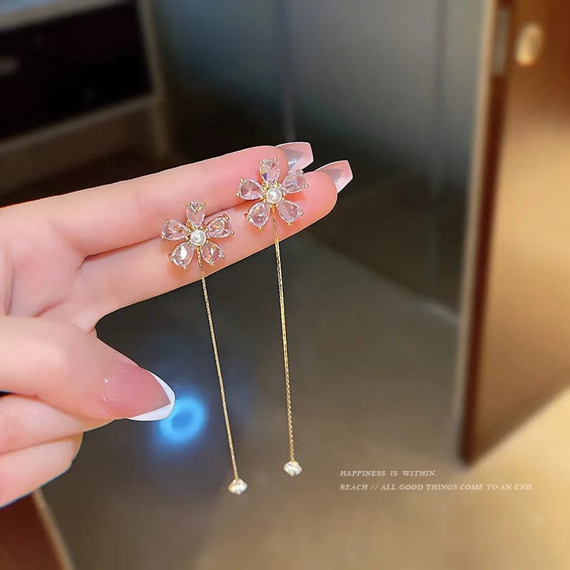 Gold Plated 14K Gold Long Tassel Zircon Flower Earrings Women Sweet Temperament Wedding Jewelry Accessories