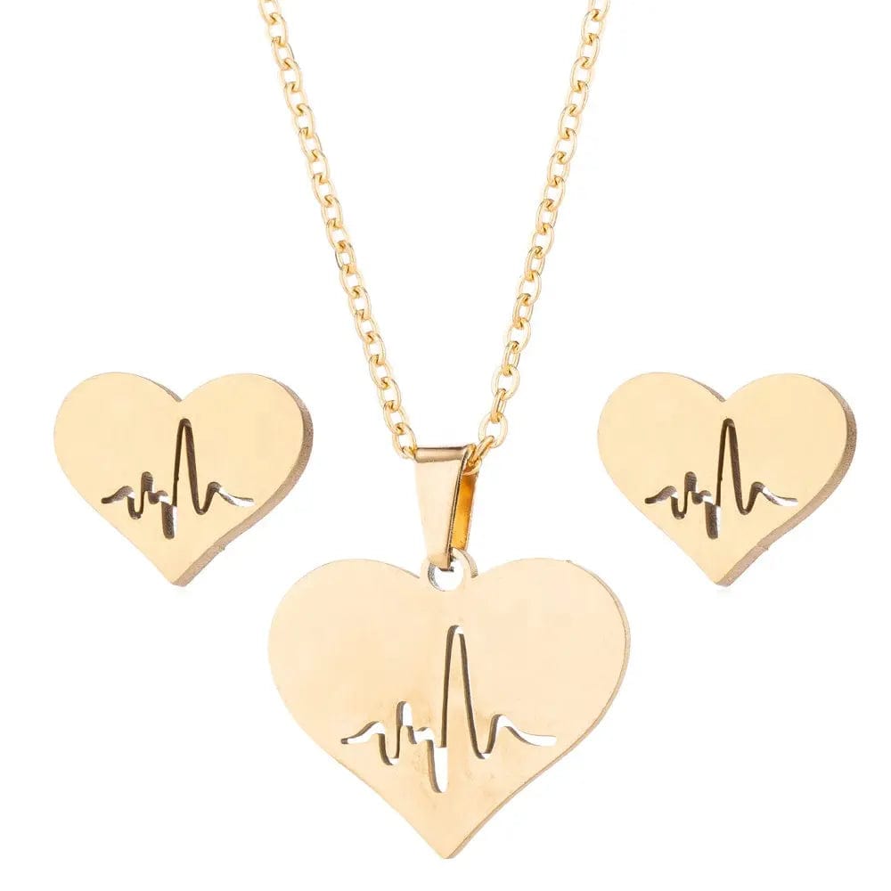 Gold stainless steel Ecg Heart pendant necklaces and earrings jewelry set for girls