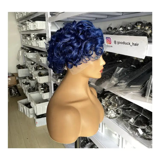 Goodluck blue Perruque Curly Bob Short Pixie Cut