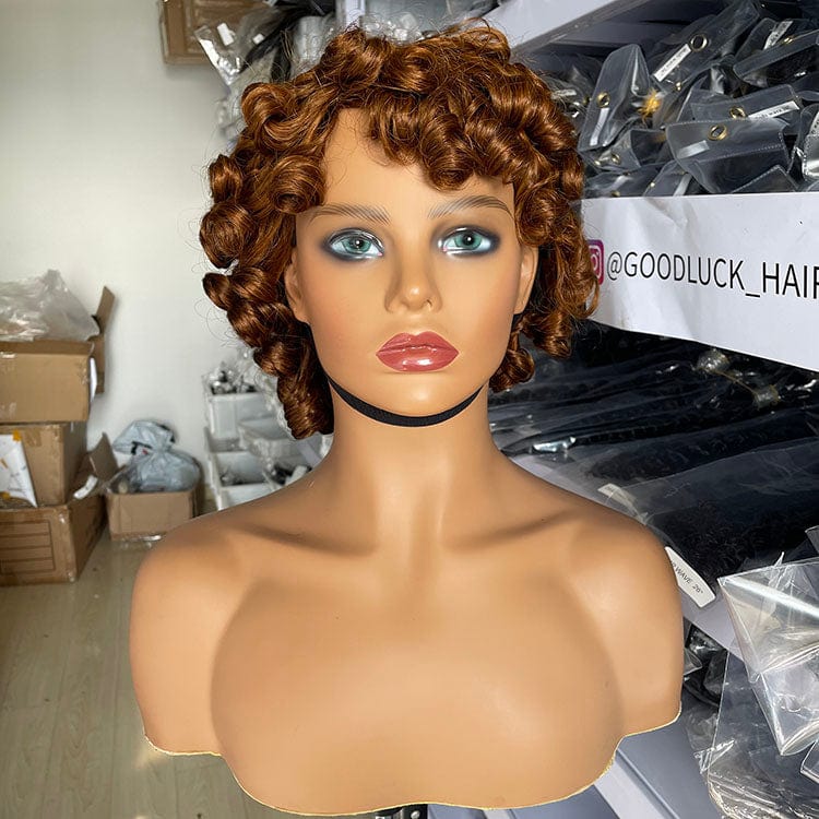 Goodluck factory wholesaleIndian 100% Remy Raw Hair Short Pixie Curly Human Hair Wig Bob Wigs 8 Inch Full machine made pixie wig