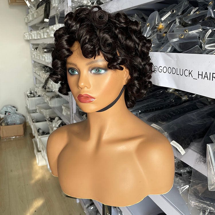 Goodluck factory wholesaleIndian 100% Remy Raw Hair Short Pixie Curly Human Hair Wig Bob Wigs 8 Inch Full machine made pixie wig