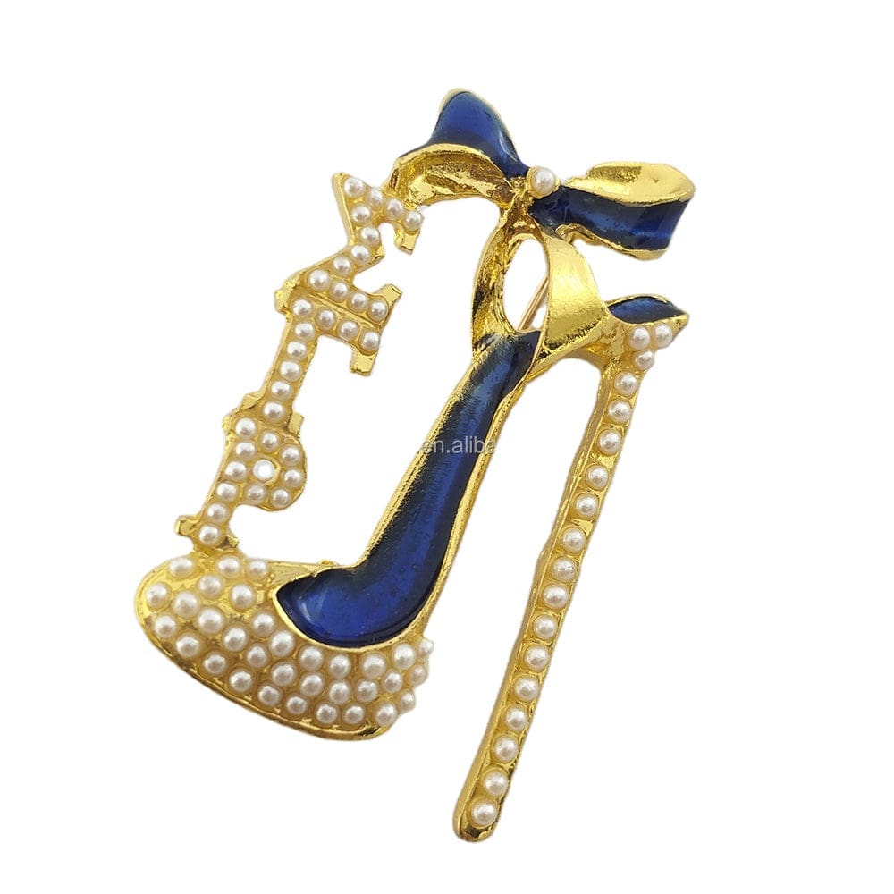 Greek Sorority Letter SGR Brooches Yellow and Blue Rhinestone Pearl High Heel Shoes Women Brooch Pin Fashion Jewelry Gift