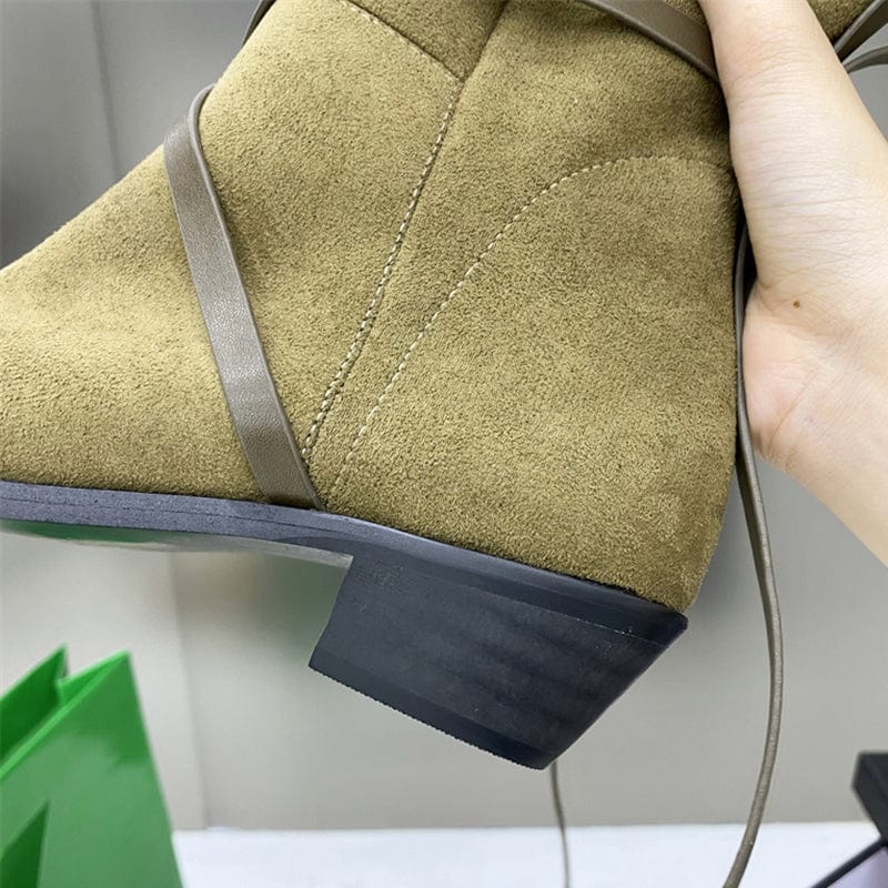 Green Cross Bandage Boots Spring Lace-up tighten up Side Round Head Knee-High Thick Soled Motorcycle 35-40 Boots for Women